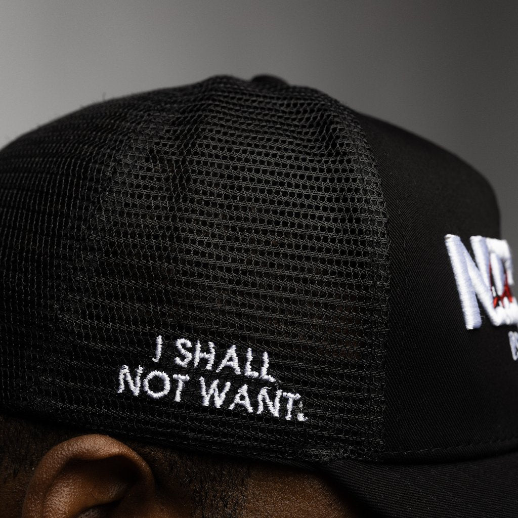 "NEVER LACKING" Trucker Hat | Distressed Black